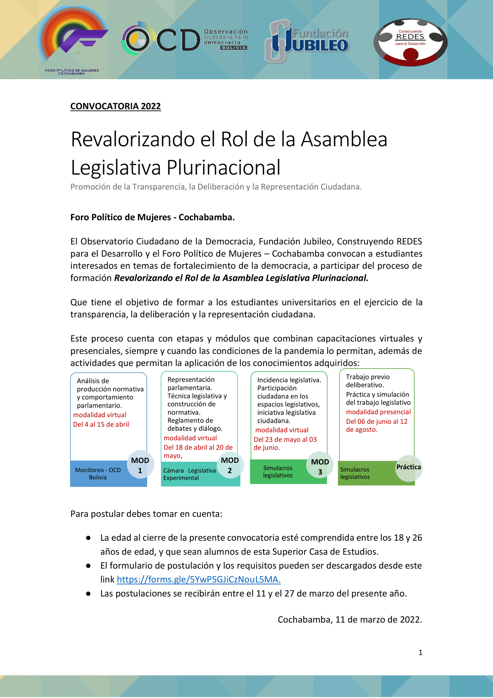 Convocatoria Foro Político de Mujeres Cochabamba